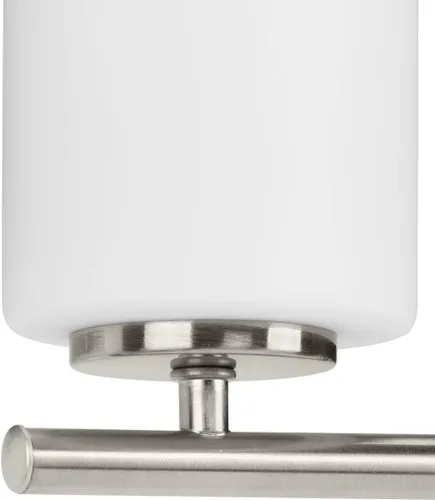 Vista 5 de Progress Lighting Lámpara moderna de tocador de baño de cristal blanco grabado con 4 luces, colección Replay, níquel cepillado (P2160-09)