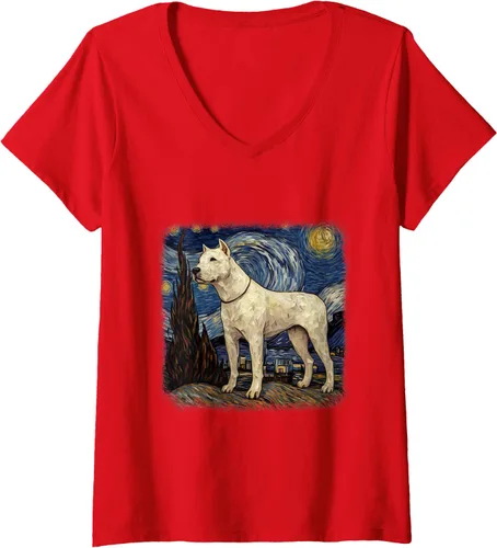 Vista 5 de Womens Van gogh Dogo Argentino in starry night V-Neck T-Shirt