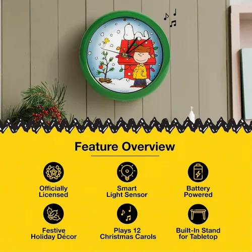 Vista 5 de Mark Feldstein, Reloj de sonido con villancicos navideños de Snoopy en diseño de casa de perro, verde, 20,3 cm