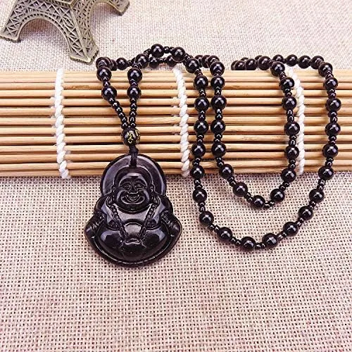 Vista 2 de Collar de cadena de cuentas de Buda de piedra de obsidiana imita la joyería del budismo de jade para mujeres y hombres protege la suerte Piedra