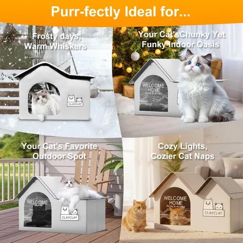 Vista 7 de Casa resistente para gatos con calefacción para invierno, casa para gatos al aire libre con aislamiento impermeable, con almohadilla térmica