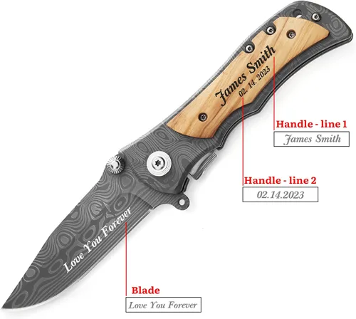 Vista 3 de Cuchillo plegable grabado personalizado para novio, esposo, papá, hijo - Cuchillos personalizados para hombres de campamento, pesca y caza con clip