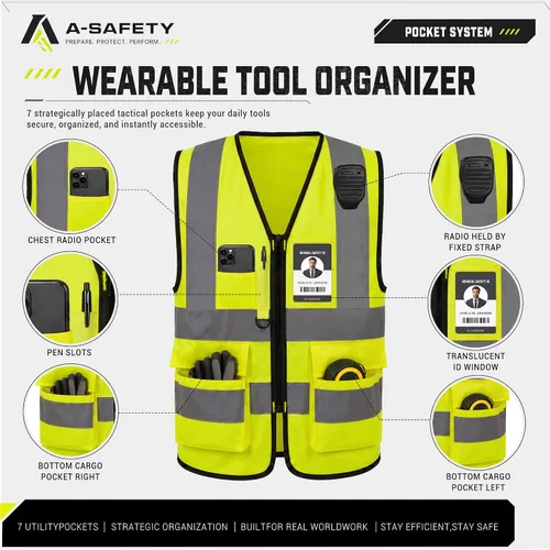 Vista 5 de A-SAFETY Chaleco de Seguridad Reflejante de Alta Visibilidad con Logo Personalizado (XS-8XL)
