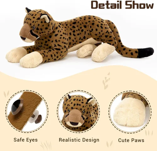 Vista 7 de MaoGoLan Animal de peluche grande de guepardo para niño, juguete de peluche gigante de guepardo para niña, leopardo montable de peluche para niños
