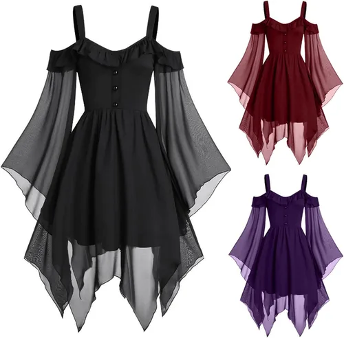 Vista 5 de Vestido renacentista para mujer, talla extragrande, vestido gótico con tirantes delgados, manga mariposa, vestido de gasa vintage