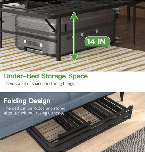 Vista 6 de Base de cama de plataforma metálica de 14 pulgadas con soporte de listones de acero, base de colchón con colchón de espuma viscoelástica de 8