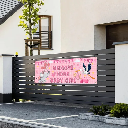 Vista 7 de Banderas de bienvenida a casa para bebé niña para exterior, 24 x 72 pulgadas, doble cara, bandera de "It's a Girl", bandera de pared de baby shower