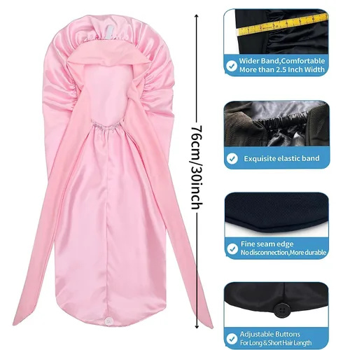 Vista 5 de Gorro de seda satinada para el cabello: gorros largos con banda de amarre elástica, correas ajustables, tamaño gigante, para dormir cómodamente