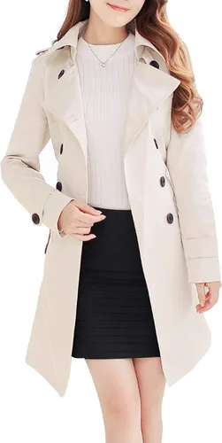 Vista 8 de NANJUN Gabardina de doble botonadura para mujer, abrigo clásico con solapa, ropa de abrigo delgada impermeable con hebilla de cinturón A-caqui