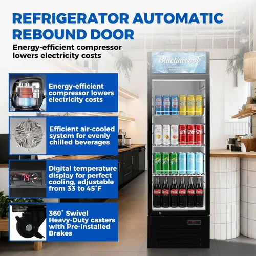 Vista 3 de Refrigeradores comerciales Bluelinecool 9 pies cúbicos verticales para exhibición, enfriador de bebidas con puerta de vidrio y luz LED, estantes