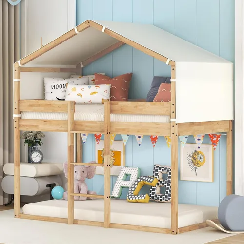 Vista 30 de Cama de Casa Tamaño Twin con Elegantes Ventanas y Estantería, Marco de Litera con Diseño de Castillo de Madera con Barandillas de Seguridad
