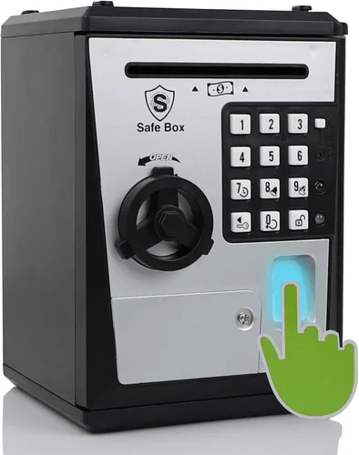 Vista 8 de Caja de ahorro segura para niños con contraseña por huella dactilar, alcancía parlante con diseño de cajero automático para dinero real, juguete