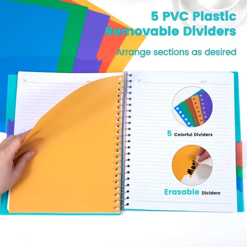 Vista 2 de CAGIE Cuadernos de espiral para trabajo escolar con pestañas divisorias extraíbles, cuaderno de 5 materias de 8.5 x 11 pulgadas, a rayas