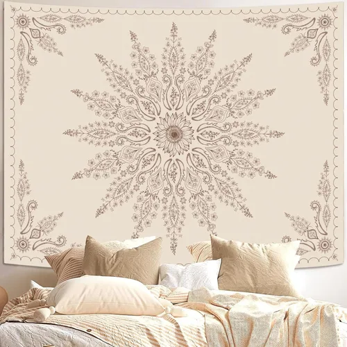 Vista 16 de Fowocu Tapiz bohemio con mandala floral para colgar en la pared, medallón de flores bohemias, tapiz estético, beige, naranja, hippie, indio, pequeño