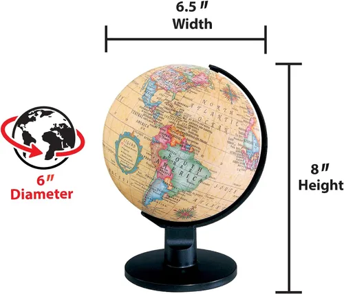 Vista 3 de Globo mundial vintage para escritorio, globo de tierra político giratorio de estilo antiguo de 6 pulgadas con soporte de escritorio, atlas