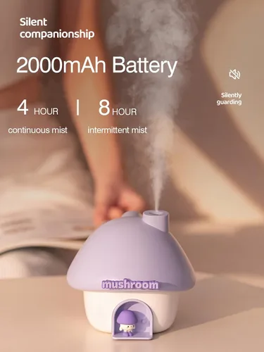 Vista 4 de Lindo humidificador de casa de hongos, humidificador pequeño de niebla fría de 10.1 fl oz, mini humidificador de aire portátil recargable por USB