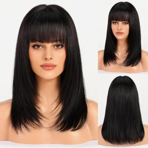Vista 6 de KKU Pelucas de cabello humano de 16 pulgadas para mujer, peluca de cabello lacio en capas con flequillo, realismo natural, pelucas de cabello real