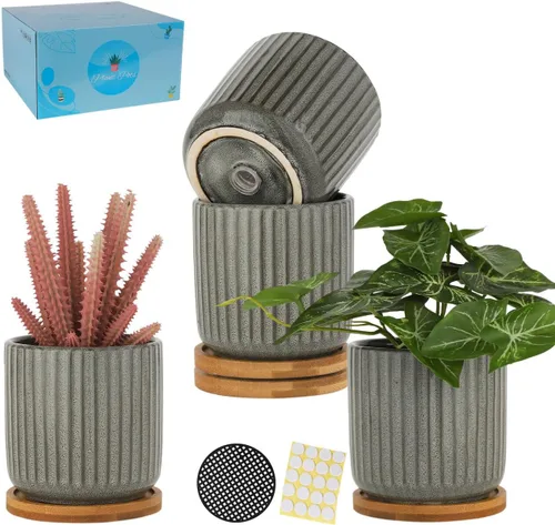 Vista 9 de Macetas pequeñas de 4 pulgadas para interiores, maceta de cerámica con orificio de drenaje y bandeja, maceta moderna con patrón vertical