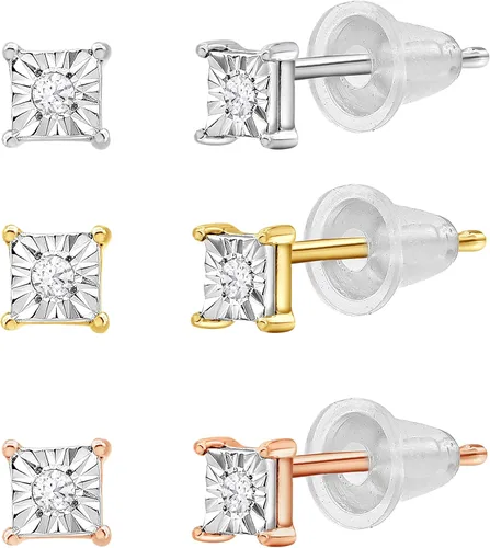 Vista 2 de La4ve Diamonds Paquete de 3 aretes cuadrados de plata de ley (J, I-3) Joyería de moda para niños, niñas adolescentes Caja de regalo incluida