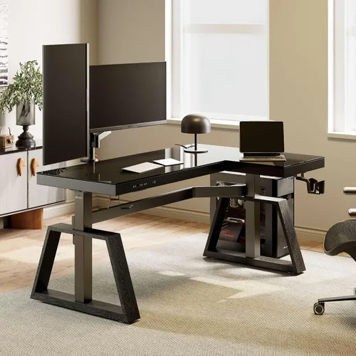Vista 5 de EUREKA ERGONOMIC Escritorio de pie, mesa de juegos, escritorios RGB de vidrio, computadora de altura ajustable de 60 pulgadas, escritorio de esquina