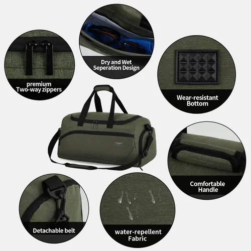 Vista 5 de FIORETTO Bolsa de deporte para hombre con bolsillo húmedo y compartimento para zapatos, ideal para viajes, gimnasio, deportes, natación, A-Verde