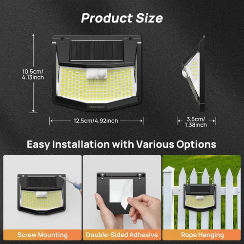 Vista 7 de TECKNET 248 Luces LED Solares para Exteriores y Sensor de Movimiento, Paquete de 4, Ángulo de 300° y 3 Modos de Iluminación, Luces Solares