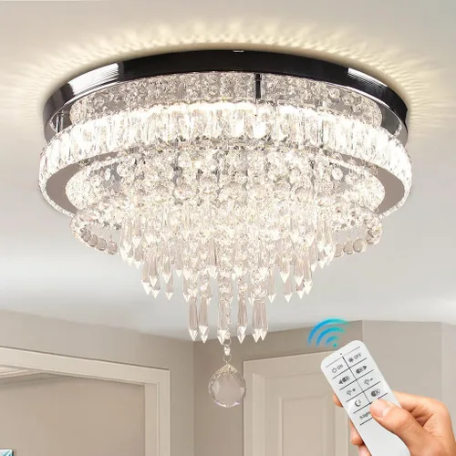 Vista 10 de FRIXCHUR Candelabros de Cristal Lámpara de Techo LED con Control Remoto Montaje Empotrado Grande Lámpara de Techo Colgante para Sala de Estar