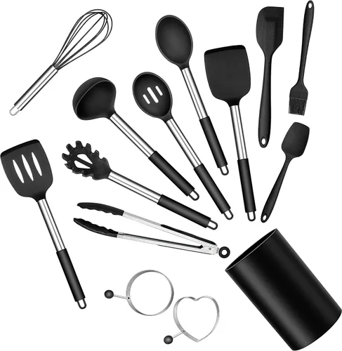Vista 12 de E-far Juego de utensilios de cocina de silicona, 7 piezas de utensilios de cocina resistentes al calor con mango de acero inoxidable, espátula