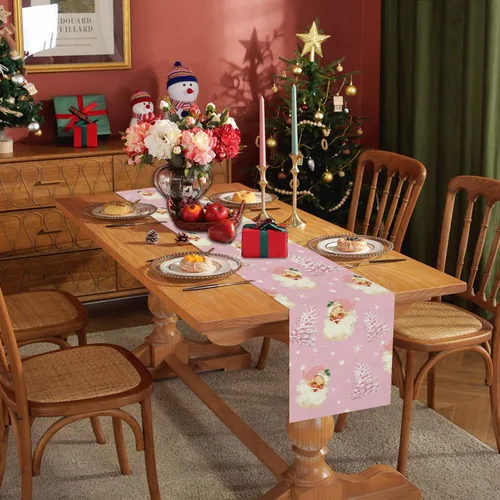 Vista 2 de Camino de mesa de Navidad Papá Noel Árbol de Navidad Copo de nieve rosa, caminos largos para invierno, Navidad, decoración para el hogar, cocina
