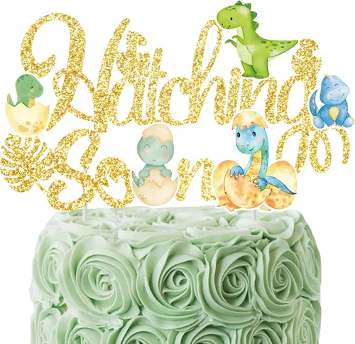 Vista 9 de Decoración para pastel de dinosaurio para eclosionar, decoración de dinosaurio para baby shower, temática de dinosaurio con purpurina verde