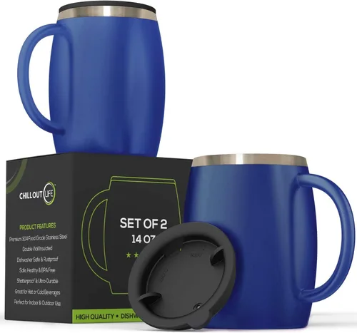 Vista 7 de Juego de 2 tazas de café aisladas de acero inoxidable (14 onzas) de doble pared con tapa y asa resistentes a derrames, tazas inastillables