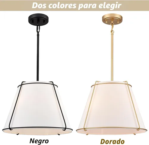 Vista 3 de Lámpara Colgante de Cono con Pantalla de Tambor de Tela con Linterna de Metal de 16 Pulgadas, Candelabros Blancos y Dorados para Cocina, Comedor