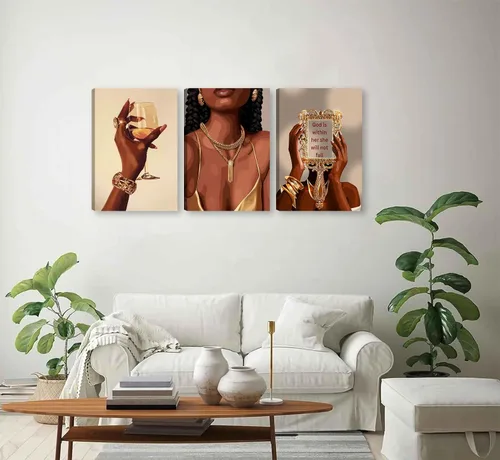 Vista 6 de RVETNGVM 3 piezas de arte de pared de niña negra, mujeres afroamericanas, cuadros abstractos de moda para niña, pinturas bohemias para sala