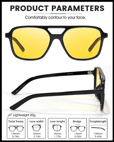 Vista 5 de LVIOE Lentes polarizados de visión nocturna para hombres y mujeres, cuadrados, estilo aviador, conducción nocturna, retro, vintage, 70s, lente