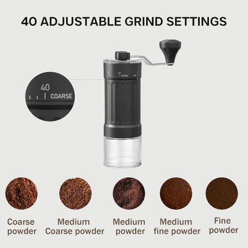 Vista 3 de Mini molinillo de café manual, 40 ajustes ajustables, molinillo de mano portátil con capacidad de 1.06 oz, rebaba cónica para expreso, verter