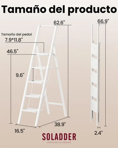 Vista 7 de SOLADDER Escalera de 5 escalones, taburete plegable, escalera de mano Blanco