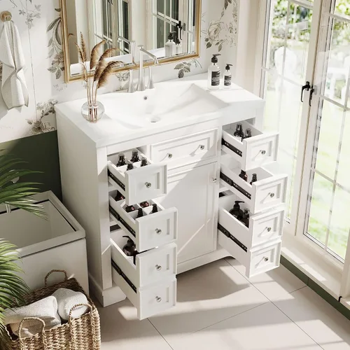 Vista 31 de Tocador de baño multifuncional de 30 pulgadas con lavabo individual, armario combinado de montaje inferior, marco de gabinete de baño de madera