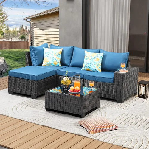 Vista 10 de JOYURE Juego de muebles de patio de 5 piezas, para todo tipo de clima, para exterior, sofá seccional de mimbre, sofá de ratán para patio con cojín