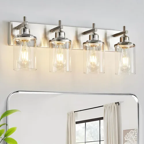 Vista 22 de Lanhall Lámpara de baño de 3 luces, estilo granja, vintage, sobre espejo, de metal pintado en madera y negro con pantalla de cristal, enchufe E26
