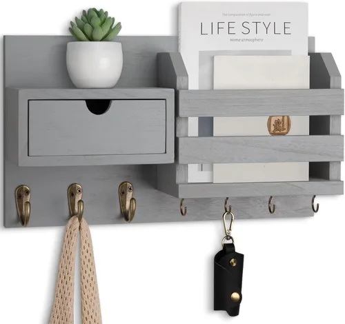 Vista 8 de Lwenki Organizador de llaves y correo de pared con cajón de almacenamiento, 100% madera de Paulownia, 7 ganchos de metal, decoración del hogar