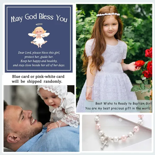 Vista 6 de Lanqueen Pulsera cristiana de bautismo para la primera comunión, regalos para niñas, niños, hija, hijo, nieta, nieto, cruz, ángel, pulsera