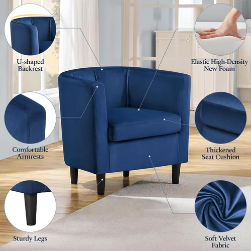 Vista 5 de Yaheetech Silla decorativa de terciopelo, sillones modernos y cómodos, silla tapizada de barril para sala de estar, dormitorio, sala de espera, Azul