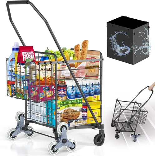 Vista 10 de 【2025𝐍𝐄𝐖】Carrito de compras plegable extra grande de 2 niveles con ruedas, carrito de compras de 400 libras para víveres con 2 cestas extraíbles