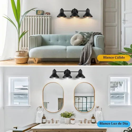 Vista 3 de Bairth - Lámpara de baño, 3 luces de metal negro sobre espejo