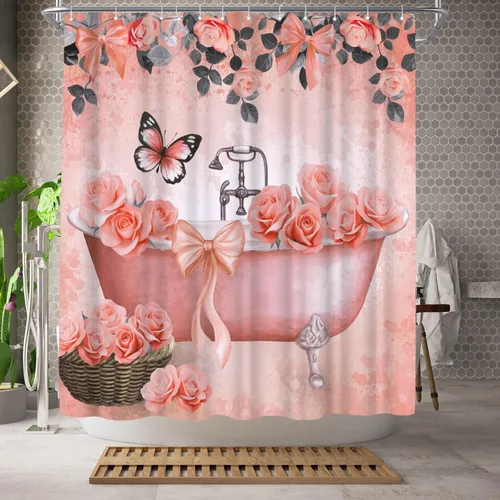 Vista 5 de WELMECO - Cortina de ducha naranja con lazo para bañera y niñas, decoración