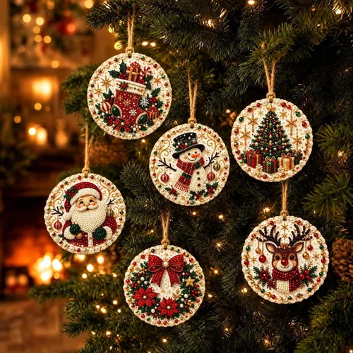 Vista 11 de GOJXDNE 6 adornos de arte de diamantes de Navidad, kit de manualidades de Bases de madera preperforadas con perlas en forma de gemas de resina
