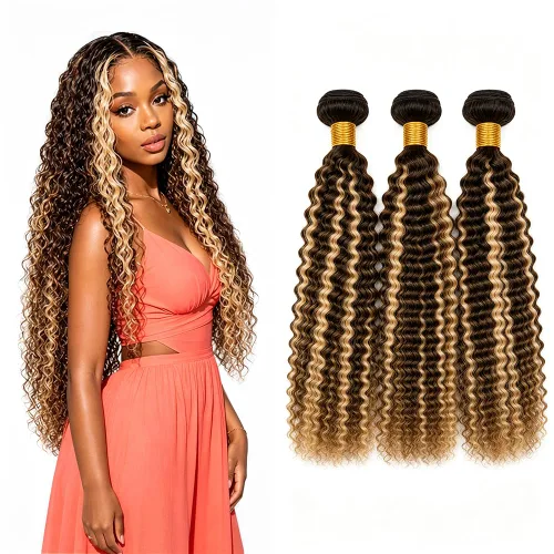 Vista 257 de P4613 Cabello humano rizado onda profunda marrón y paquetes mixtos 8 10 12 P4613 Ombre Marrón-Rubio-DP