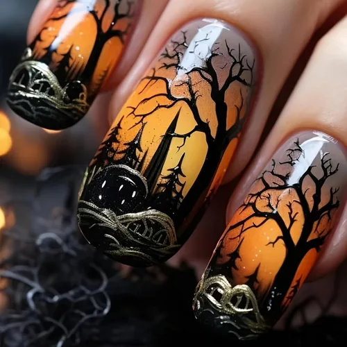 Vista 22 de Uñas postizas a presión para Halloween, cuadradas, cortas, con diseños de bosque lunar, uñas postizas con pegamento oscuro brillante en las uñas