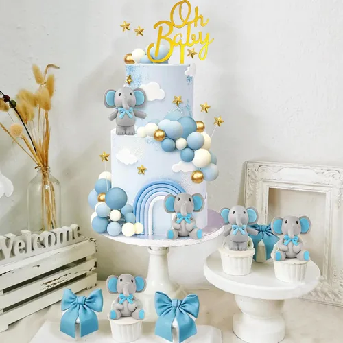 Vista 4 de 43 piezas de decoración de pastel de elefante azul, lindo elefante bebé, decoración para tartas, decoración de tarta, decoración de pastel