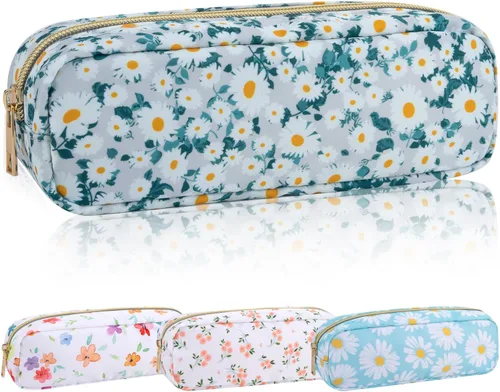 Vista 17 de Iqimott Bolsa Grande de Maquillaje de Nylon, Neceser de Viaje, Bolsa Grande de Cosméticos Preppy, Organizador de Maquillaje de Nylon, Bolsa de Beige